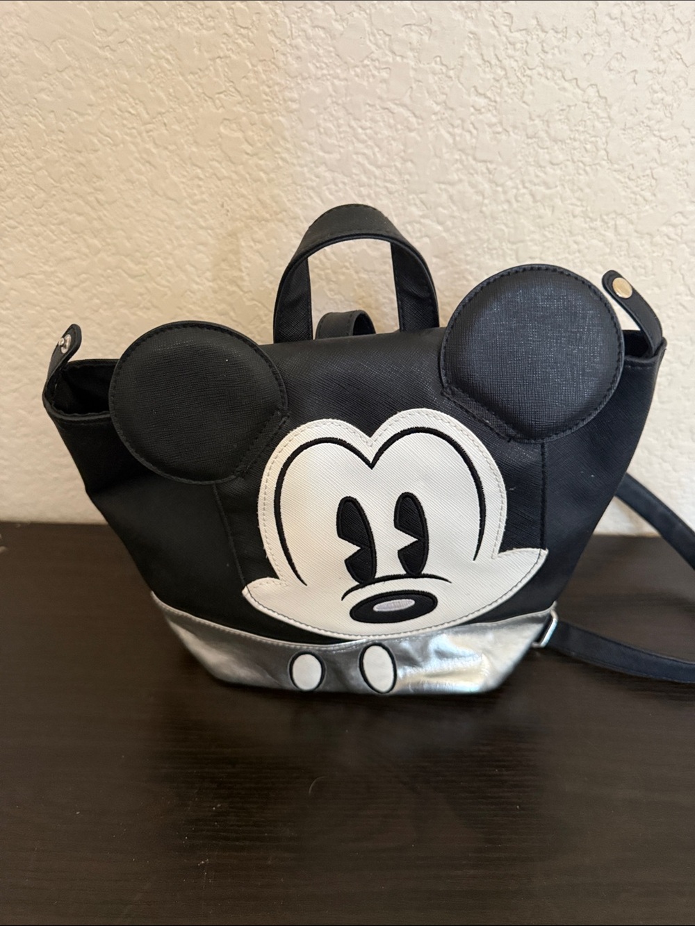 Black & White Mickey Character Ear Mini Backpack with Silver Base